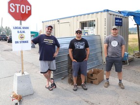 Members of United Steelworkers Local 6500 picket at the entrance to Vale's South Mine and Electrowinning Plant in Copper Cliff, Ont. on Tuesday August 3, 2021. John Lappa/Sudbury Star/Postmedia Network