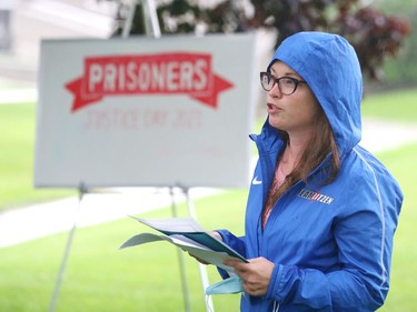 Cory Roslyn, of Elizabeth Fry Society North East Ontario, makes a point at a Prisoners' Justice Day commemoration ceremony in Sudbury, Ont. on Tuesday August 10, 2021. Prisoners' Justice Day is held to remember men and women who have died unnatural and violent deaths while incarcerated in prisons and penitentiaries. John Lappa/Sudbury Star/Postmedia Network