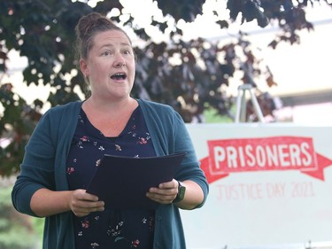 Sara-Jane Berghammer, of the John Howard Society of Sudbury, makes a point at a Prisoners' Justice Day commemoration ceremony in Sudbury, Ont. on Tuesday August 10, 2021. Prisoners' Justice Day is held to remember men and women who have died unnatural and violent deaths while incarcerated in prisons and penitentiaries. John Lappa/Sudbury Star/Postmedia Network