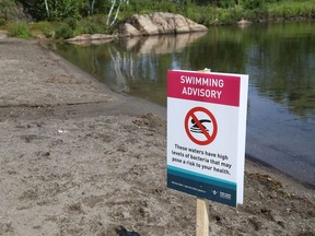 Public Health Sudbury and Districts issued swimming advisories Tuesday, at two Ramsey Lake beaches, including the beach near the Northern Water Sports Centre, pictured, and the Maintenance Beach. Swimming at the Northern Water Sports Centre is now safe.John Lappa/Sudbury Star/Postmedia Network