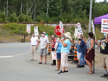 Onaping residents and supporters protest what they call a dangerous intersection on Highway 144 at Marina Road on Wednesday August 11, 2021. John Lappa/Sudbury Star/Postmedia Network
