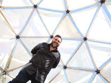 Christian Pelletier, co-founder of the Up Here urban art and music festival in Sudbury, Ont., stands inside a dome located at the Up Here square on Durham Street on Monday August 16, 2021. The Up Here urban art and music festival runs from Aug. 20-22. John Lappa/Sudbury Star/Postmedia Network