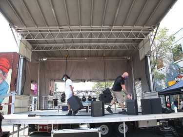 A stage was being set-up at Up Here square on Durham Street in Sudbury, Ont. on Friday August 20, 2021 for the Up Here urban art and music festival, which runs until Aug 22. John Lappa/Sudbury Star/Postmedia Network