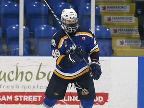 Payton Robinson in action with the Collingwood Blues in 2020-21. Tim Bates/OJHL Images