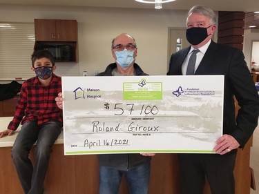 Roland Giroux was the winner of the Maison McCulloch Hospice's monthly 50/50 draw in April. In the photo are Kiran, Roland Giroux, and Gerry Lougheed Jr. Supplied