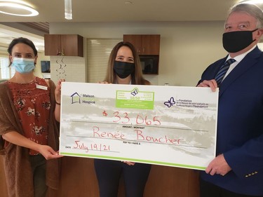 Renee Boucher was the winner of the Maison McCulloch Hospice's monthly 50/50 draw in July. In the photo are Julie Aubé (Maison McCulloch Hospice executive director), Renée Boucher and Gerry Lougheed Jr. Supplied