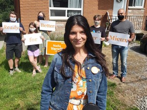 Sudbury's NDP candidate Nadia Verrelli, shown in this campaign phoo. joined Nickel Belt NDP candidate Andréane Chénier for a barbecue this weekend at the party's official headquarters located at 1486 Lasalle Blvd. Supplied