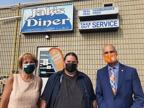 Nickel Belt MPP France Gelinas (left), the owner of Jak's Diner Chris Cunningham, and Sudbury MPP Jamie West attended a press conference on Tuesday to address the issues with the province's Ontario Small Business Grant program. Colleen Romaniuk/The Sudbury Star.