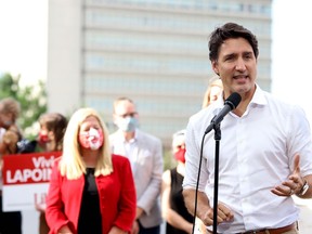 Prime Minister Justin Trudeau addresses the crowd during a campaign stop in Greater Sudbury on Tuesday afternoon.