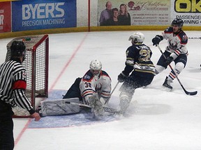 In this file photo, former Kirkland Lake Gold Miner Kyler Campbell scores against the Soo T-Birds. File photo