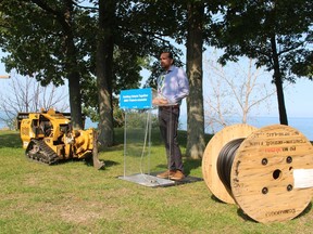 Jason Henry, chief of the Kettle and Stony Point First Nation, speaks during an event marking arrival of broadband internet service in the community, and the start of new projects in nearby Lambton Shores and Middlesex County. Paul Morden/Postmedia Network