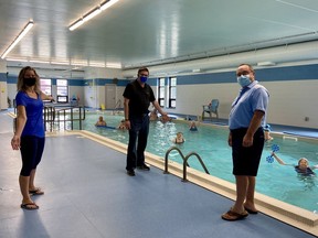 The pool at Pathways Health Centre for Children in Sarnia has reopened following a $1.6-million refurbishing project. From left, Debra Marson, Pathway's aquatics supervisor, Mike Elliott, president of the Rotary Club of Sarnia, and Warren Kennedy, chairperson of the Pathways board. Handout
