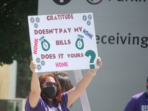 SEIU Healthcare workers rallied against provincial Bill 124 outside Bluewater Health in Sarnia on Aug. 12. The 2019-passed legislation is the subject of a Charter challenge involving more than 40 provincial unions. Paul Morden/Postmedia Network