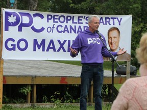 Renaud Roy, who ran as the People's Party of Canada candidate in Timmins-James Bay during the last federal election, is seen here introducing Maxime Bernier during the party leader's visit in Iroquois Falls Friday morning. Roy won't be running again but said the party is interviewing a couple of people who have expressed in running for the PPC in this riding.

RON GRECH/The Daily Press