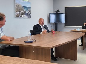 Ontario's Associate Minister of Mental Health and Addiction Michael Tibollo, centre, met with local officials at the Jubilee Centre in Timmins Tuesday. Among those in attendance were Mayor George Pirie, left, and Harry Jones, executive director of the Jubilee Centre.

Supplied