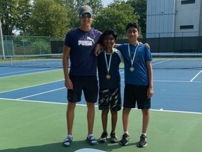 Organizer Matt Mueller, left, poses with under-14 boys’ winner Chinmay Damani, centre, and runner-up Tej Patel at an Ontario Tennis Association (OTA) West Region tournament at the Sarnia Tennis Club in Sarnia, Ont., on Saturday, Aug. 21, 2021. (Contributed Photo)