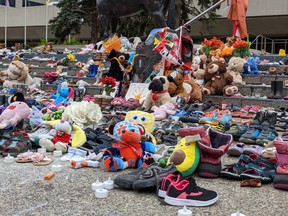 The residential school memorial on the steps of Calgary city hall on Tuesday, Aug. 10. The damage had been cleaned up by the time this photo was taken.