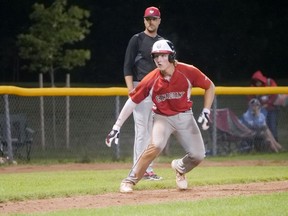 Great Lakes Canadians' Connor Gaitens holds up at third base in the ninth inning of a 16U Canadian Premier Baseball League game against Ontario Nationals last week in Tillsonburg. (Chris Abbott/Norfolk and Tillsonburg News)