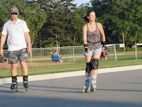 Tony and Karlee Thornton enjoyed the outdoor inline and rollerskating night in Tillsonburg on Aug. 4, and they planned to come out again on Aug. 11, 6:30-8:30 p.m. (Chris Abbott/Norfolk and Tillsonburg News)