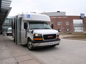 The T:GO Inter-Community bus makes three regularly scheduled stops in Woodstock, including the hospital. A temporary fourth stop was added in the spring to accommodate the Goff Hall vaccination clinic. (Chris Abbott/Norfolk and Tillsonburg News)