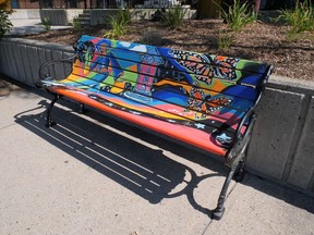 The Rotary Clock Tower is featured on this Downtown Tillsonburg BIA bench in front of The Tillsonburg Town Centre on Broadway. (Chris Abbott/Norfolk and Tillsonburg News)