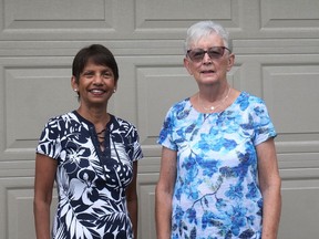 Indira Reynolds, left, and Nancy Lester were two of 13 members of the Tillsonburg Lioness Club which folded in May 2021. Reynolds was a charter member of the club when it formed in April 1979. (Chris Abbott/Norfolk and Tillsonburg News)