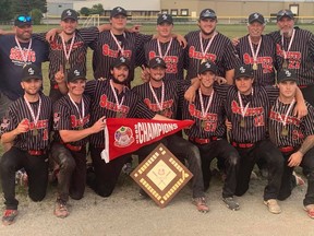 The Owen Sound Selects under-23 team celebrates winning the 2021 OASA Elimination tournament in Cambridge.

Top row from left to right: Coach Al Staats, Trainer Darren Smale, Brendan Hagerman, Wade Kewageshig, Mac Fischer, Brady Hogg, Coach Bill Simpson, Coach Jamie Simpson. Bottom row from left to right: James Martell, Owen Torrie, Riley Manion, Dallas Kipfer, Curtis Ruetz, Mitch McComb, Carter Dolbear. Missing: Tucker Firth and Clay Dolbear.