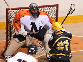 North Stars goaltender Adam Brennan stares down a chance in transition with Kyle Detweiler racing in as the Owen Sound North Stars junior B squad took on the Elora Mohawks inside the Harry Lumley Bayshore Community Centre Thursday, Aug. 12, 2021 in exhibition Ontario Junior B Lacrosse League action. Greg Cowan/The Sun Times
