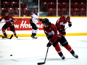 Cédrick Guindon, the Owen Sound Attack's first-round pick in 2020, receives a pass during a Monday morning scrimmage as the Attack begin rookie camp inside the Harry Lumley Bayshore Community Centre. Greg Cowan/The Sun Times