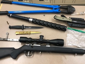 During a roadside check last week, Wetaskiwin RCMP recovered a number of weapons and arrested two people.
RCMP