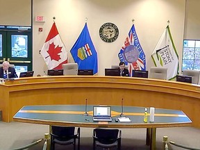 Councillors practice social distancing in the Town of Stony Plain council chamber. File Photo.