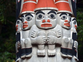 Carving detail of Watchmen on a frontal totem pole, Hik’yah Gaii Ga and T’aannu Llnagaay (Windy Bay on Lyell Island).