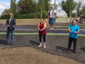 Mayor Janet Jabush, centre, and Coun. Sandy Morton behind her cut the ribbon on the new BMX and Skateboard Park in June; they are acclaimed back to council.