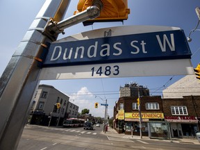 A Dundas Street West sign is pictured in Toronto, June 10, 2020.