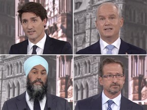From left, top row: Liberal Leader Justin Trudeau, Conservative Leader Erin O'Toole, NDP Leader Jagmeet Singh and Bloc Quebecois Leader Yves-Francois Blanchet during the French-language leaders debate in Montreal on Thursday. Sept. 2. TVA/SCREENSHOTS