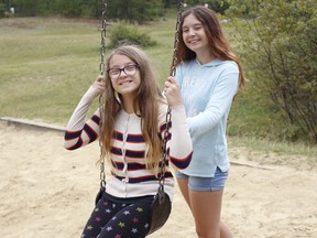 Abby Wallingford, right, and her friend Peyton White spent some time during the Labour Day long weekend out at Kettle Lakes Provincial Park and on Saturday they had a little fun in playground near the Island Beach. Kettle Lakes Provincial Park is a popular weekend destination for many local residents. RICHA BHOSALE/THE DAILY PRESS