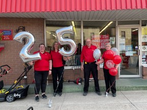 On August 21, Hodgins Home Hardware in Lucknow celebrated 25 years. L-R: Brooklyn Johnston, Laura Johnston, Bev Hodgins and Bill Hodgins. Hailey Moffat photo