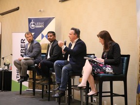 (L to R) Leduc-Beaumont MLA Brad Rutherford, Minister of Infrastructure Prasad Panda, Associate Minister of Natural Gas, Dale Nally and Associate Minister of Red Tape Reduction, Tanya Fir at the Leduc, Nisku and Wetaskiwin Regional Chamber of Commerce luncheon on August 31, 2021.