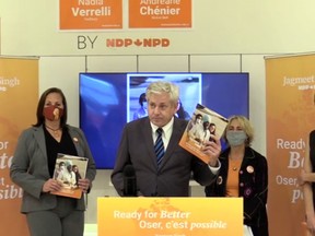 Charlie Angus, NDP candidate in Timmins-James Bay, flourishes the party's platform for Northern Ontario during a presentation, Wednesday morning. Screenshot