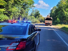 An OPP cruiser and utility truck at a section of Bruce Road 13 blocked by downed trees and power lines Wednesday morning.
(OPP photo)