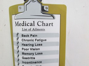 Rapid aging syndrome is a list of ailments that appear on this novelty medical chart. (Ted Meseyton)