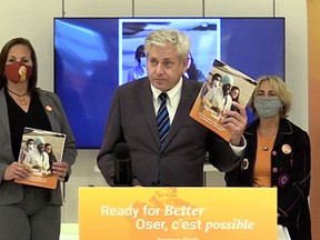 Timmins-James Bay NDP candidate Charlie Angus flourishes the party’s platform for Northern Ontario during a presentation in Sudbury on Wednesday. The part is committing to create and support good jobs, protect communities from the effects of climate change and put reconciliation into action. SCREEN CAPTURE