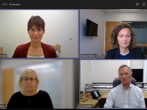 Dr. Carol Zimbalatti, upper left, Shannon Mantha, Dr. Jim Chirico and Andrea McLellan address the media, Thursday, during the North Bay Parry Sound District Health Unit's weekly virtual news conference. Screenshot