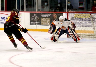 Timmins Rock forward Riley Brousseau was in all alone on Hearst Lumberjacks goalie Matteo Gennaro on this play during Friday night’s NOJHL exhibition contest at the McIntyre Arena, but he was unable to find the back of the net. It would not matter, however, as the Rock went on to edge the Lumberjacks 2-1 in the first half of the home-and-home series that will see the two sides meet in Hearst Sunday afternoon. ANDREW AUTIO/THE DAILY PRESS