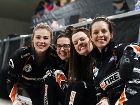 Members of Team Fleury - East St. Paul Curlling Club (L-R: Kristin MacCuish, third Selena Njegovan, skip Tracy Fleury and Second Liz Fyfe) are all smiles prior to their game against Team Burtnyk (Assiniboine Memorial Curling Club) on the first day of competition at the 2019 Manitoba Scotties Tournament of Hearts at the Gimli Recreation Centre in Gimli Man., on Wednesday, Jan. 23, 2019.