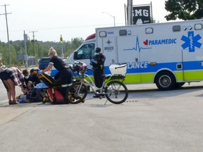 A Port Elgin woman was prepared for transport to hospital after being seriously injured by a flying construction detour sign that a witness said blew off a pole and knocked the woman off her bicycle asshe rode southbound on te sidewalk on Goderich St., north of Bruce County Road 25, just after 4:20 p.m., Sept. 11.