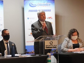 (left to right) Conservative  Party of Canada representative Sonny Spina, Liberal Party of Canada incumbent Terry Sheehan and Marie Morin-Strom from the New Democratic Party. People’s Party of Canada representative Kasper Makowski couldn’t attend the event. The Sault Ste. Marie Chamber of Commerce hosted a federal candidates debate at the Quattro Hotel and Conference Centre on Friday afternoon.