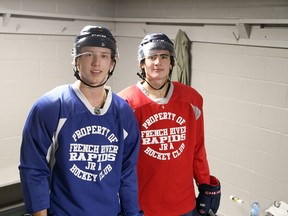 French River Rapids forward Dominik Godin, left, and defenceman Brandon Hass, both of whom hail from Alban, are expected to play important roles for their hometown French River Rapids during the 2021-22 NOJHL season.