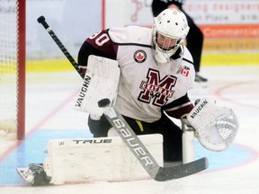 Chatham Maroons goalie Luka Dobrich makes a save against the LaSalle Vipers in a GOJHL pre-season game at Chatham Memorial Arena in Chatham, Ont., on Sunday, Sept. 12, 2021. Mark Malone/Chatham Daily News/Postmedia Network