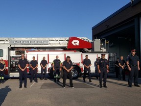 Chatham-Kent fire, police and EMS hold a moment of silence at Station 1 on Saturday to mark the 20th anniversary of 9/11.  (Trevor Terfloth/The Daily News)